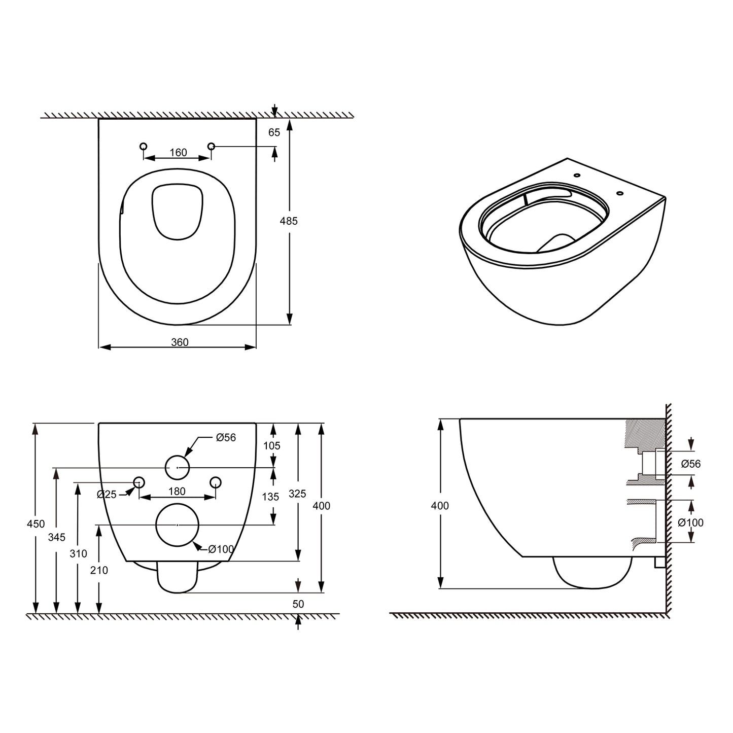 Treos Set - Wand-Tiefspül-WC inkl. WC-Sitz - 48cm - Serie 810 - spülrandlos - weiss