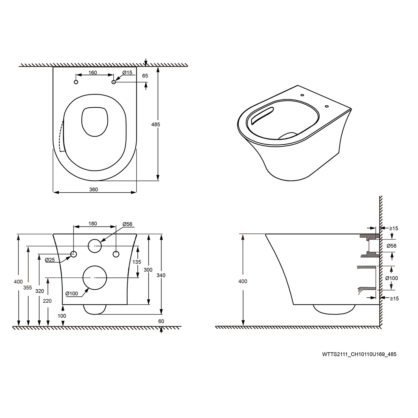 Treos Set - Wand-Tiefspül-WC inkl. WC-Sitz - 48.5cm - Serie 810 - spülrandlos - weiss