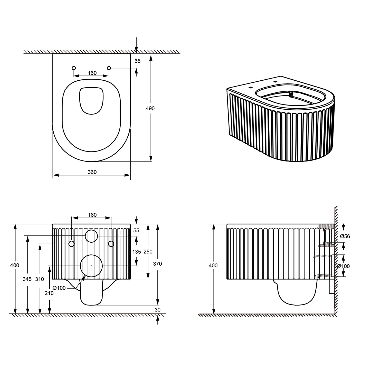Treos Set - Wand-Tiefspül-WC inkl. WC-Sitz - 49cm - Serie 810 - spülrandlos - weiss
